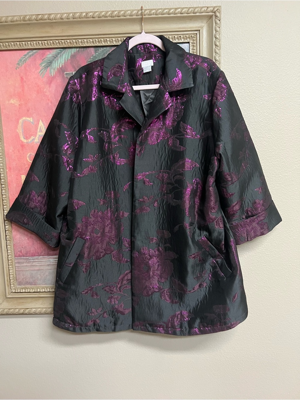 Chico's Travelers Black Open Front Jacket with Purple/Plum Floral Jacquard